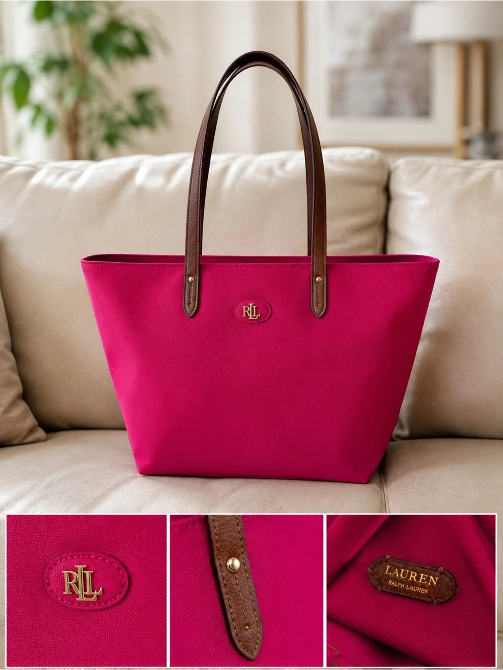 Lauren Ralph Lauren Hot Pink Canvas Tote with Brown Leather Handles